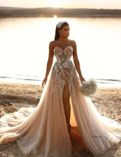Champagne Wedding Dresses Sweetheart Lace Appliques Bridal Gown with High Split