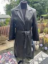 Paragon From Freemans Vintage Leather Long Black Coat Mac Size 10 Belted
