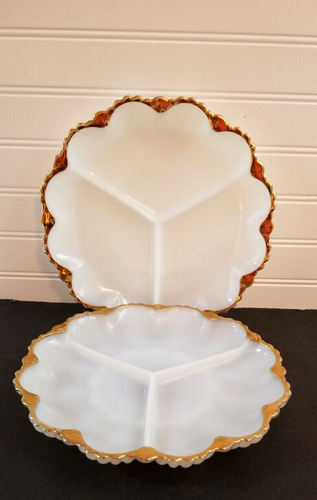 Set of 2 Anchor Hocking Fire King Milk Glass Divided Relish Tray Gold Trim - Picture 10 of 17