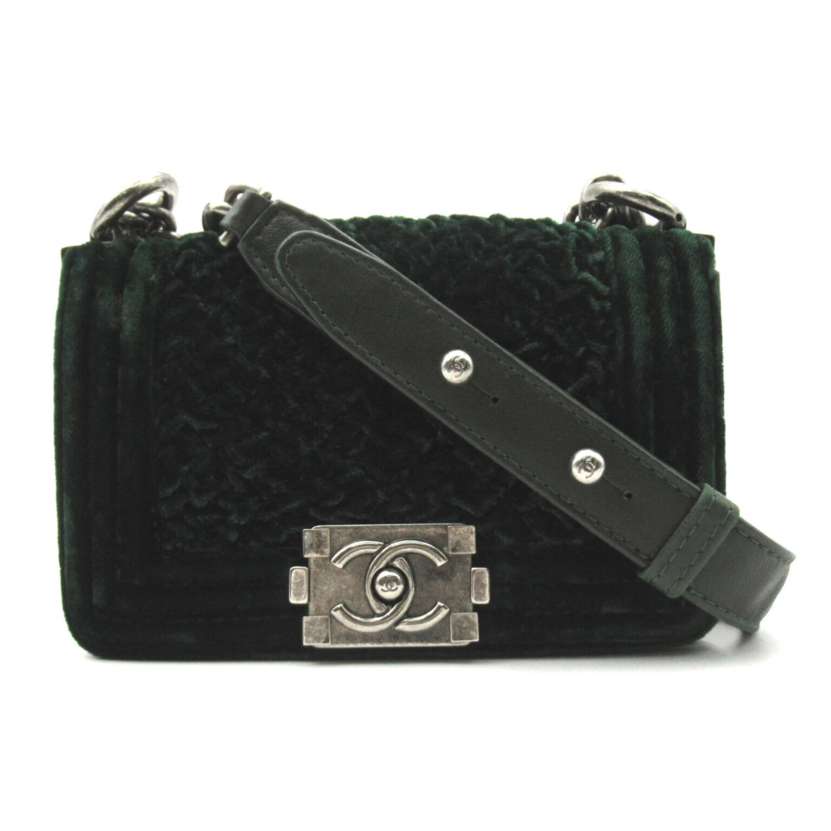 CHANEL Green Velvet Mini Boy Flap Chain Shoulder Handbag