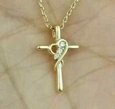 0.5Ct Round Natural Moissanite Cross Pendant 14k Yellow Gold Plated Silver 18''