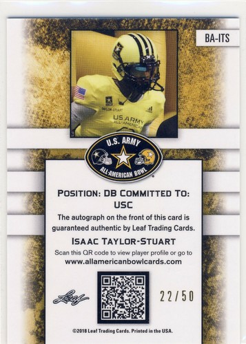 ISAAC TAYLOR-STUART 2018 Leaf Metal US Army All American Blue /50 AUTO COWBOYS - Afbeelding 2 van 2