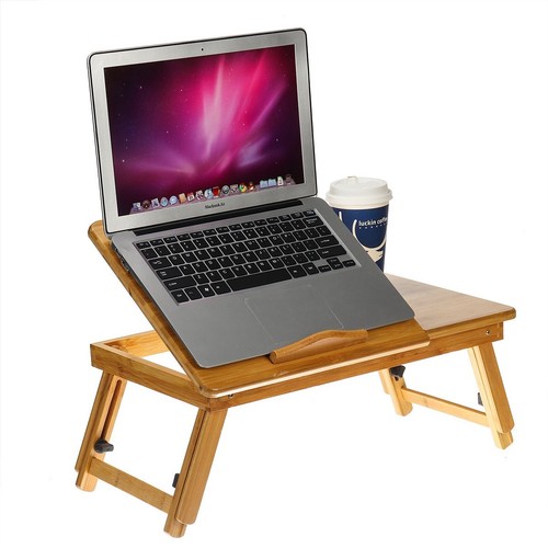Bamboo Laptop Desk Adjustable Breakfast Serving Bed Tray with Tilting Top Drawer - Picture 4 of 8