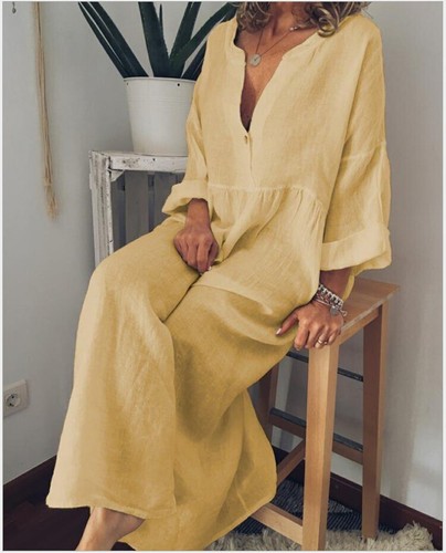 Summer Women's Large Size Cotton Linen Long Sleeve V-Neck Large Swing Dress - Picture 19 of 45