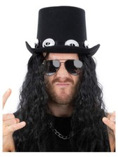 70s Glam Rock Kit Hat & Black Crimped Wig Mens Fancy Dress Punk Gothic