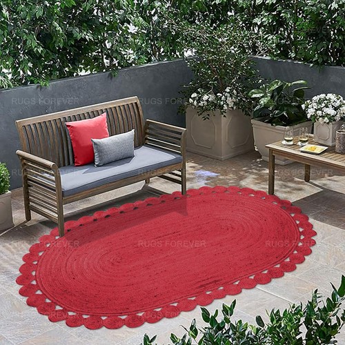 Oval Area Rug Scalloped Living Room Orange Boho Kilim Handmade Jute Carpets 3x10 - Picture 20 of 61