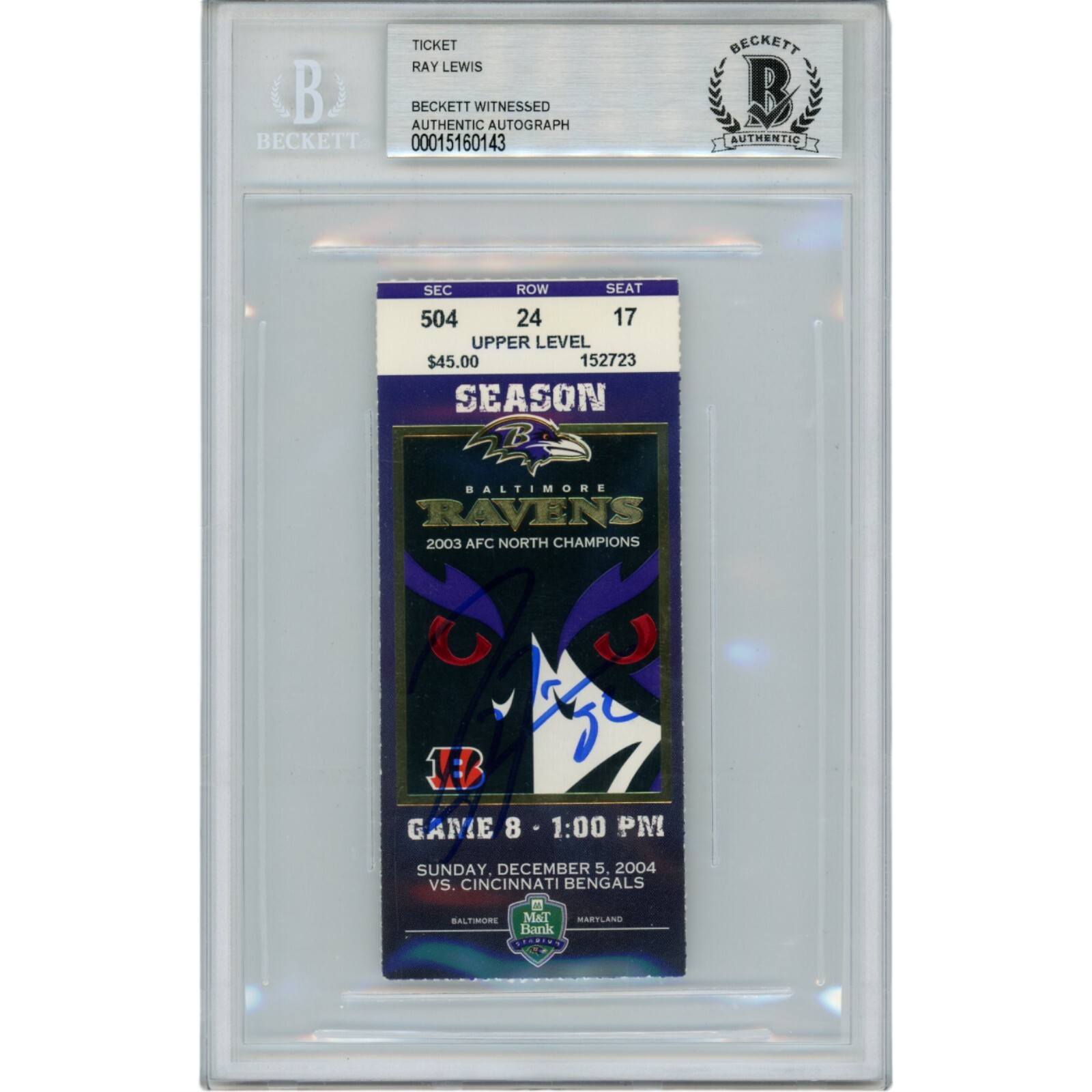 Ray Lewis Autographed Signed Baltimore Ravens 12/05/04 Ticket Stub Beckett 