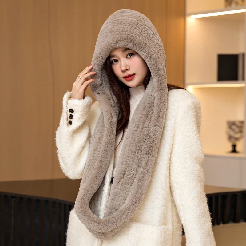 Cuello de piel de conejo real tejido largo bufanda chal capa sombrero gorra cuello envoltura oreja Foto 4 de 4