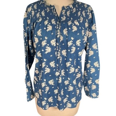 J.Crew Blue White Floral Pleated Button-Down Blouse Women s Size 4 100% Cotton