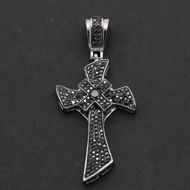 3Ct Round Cut Lab Created Black Diamond Cross Mens Pendant 14K White Gold Plated