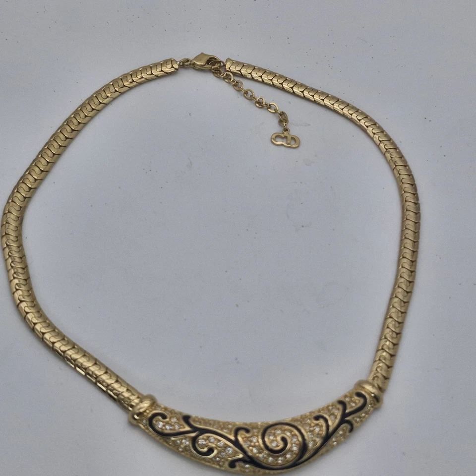 Increíble Collar Christian Dior Vintage Estrás Dorado Negro Remolino 15-17" Foto 3 de 4
