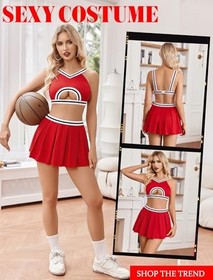  Lingerie for Women Sexy Mini Skirt Cheerleader Costume Hollow Crop Medium Red