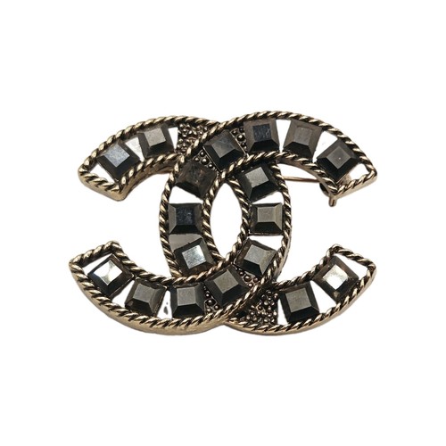 Chanel Double C Brooch - Gold Tone with Black Square Stones