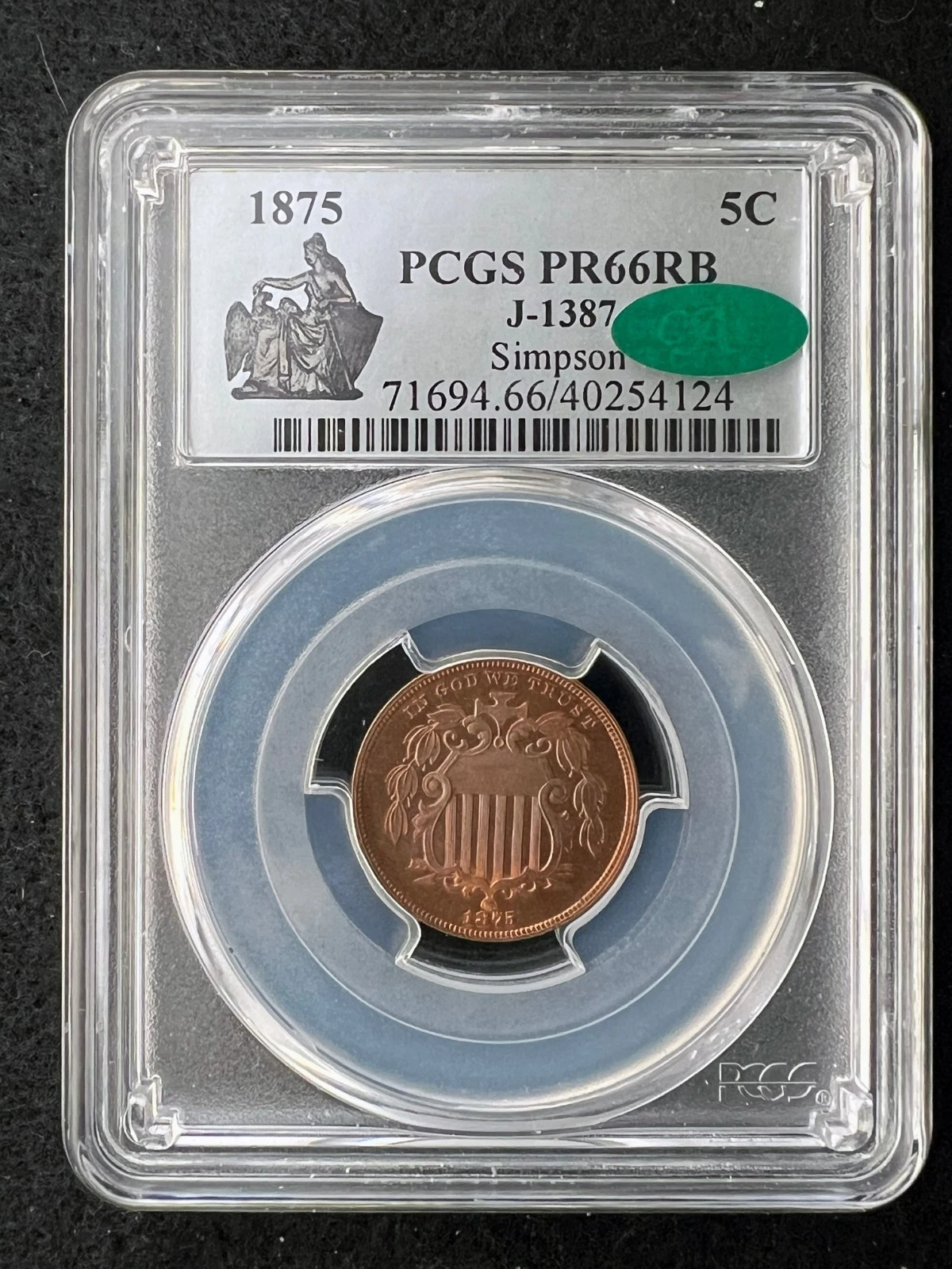 1875 Pattern J-1387 5C PCGS PR66RB (CAC) SUPERB! EX SIMPSON