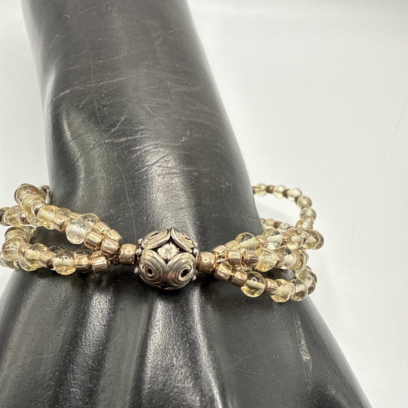 Vtg Pretty 925 Sterling Silver 4 Strand Quartz Beaded Bracelet. 8” Long