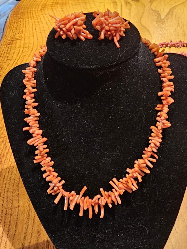 Vintage Orange Branch Coral Necklace And  Pierced Earrings Beach Jewelry Set