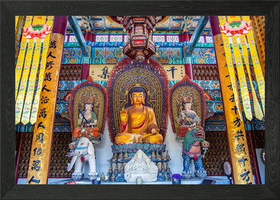 Golden Buddha Statue in Temple Inte Framed Wall Art Poster Canvas Print Picture