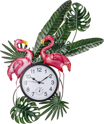 Outdoor Clock Silent Non-Ticking, Flamingo Outdoor Wall Clock and Thermometer Co