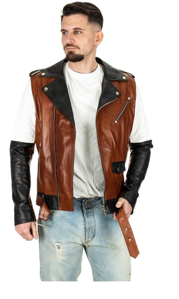 Mens Genuine Lambskin Motorcycle Biker Jacket With Zipper Pocket & Belt  MMJ1i