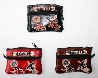Peru Ledertasche Etui Geldbörse 10x7cm, Anden Inka Indianer Nazca Linien Kolibri
