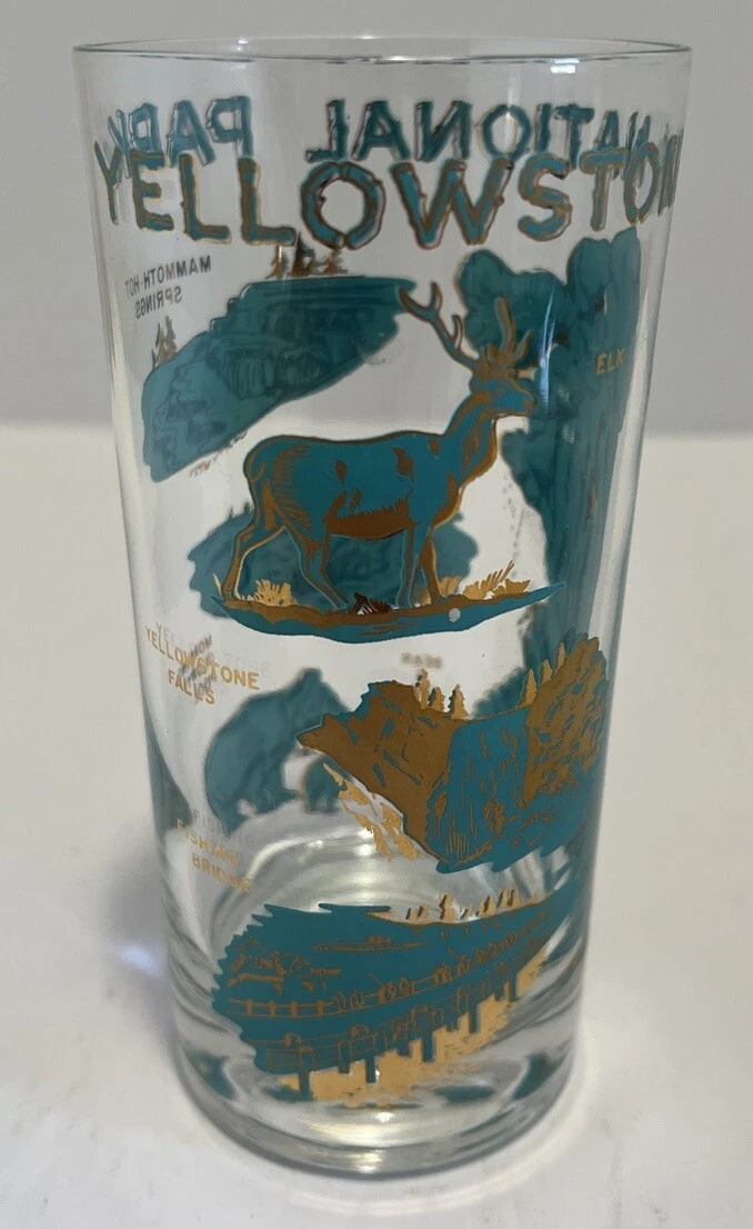 VTG MCM 5.5” Yellowstone Park Turquoise & Gold Clear Souvenir Glass rim nick