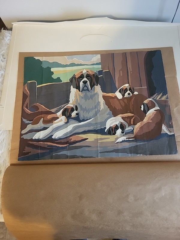 Vintage Paint by Number Saint Bernard Dogs Canvas Painting 1948