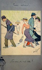 Ancienne aquarelle, dessin humoristique de Henry Maurice Cahours 1915