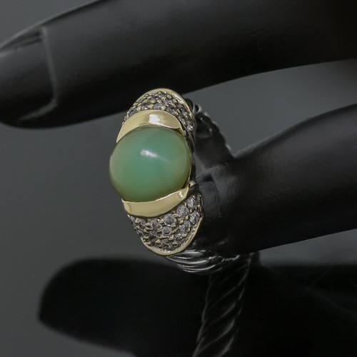 David Yurman Sterling Silver 18K Gold Green Peruvian Opal Diamond Ring Size 6 - Picture 2 of 6