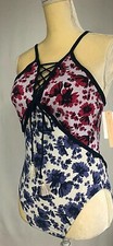 Gibson Latimer One-Piece Swimsuit Small Floral Lace Up Blue Pink New 120