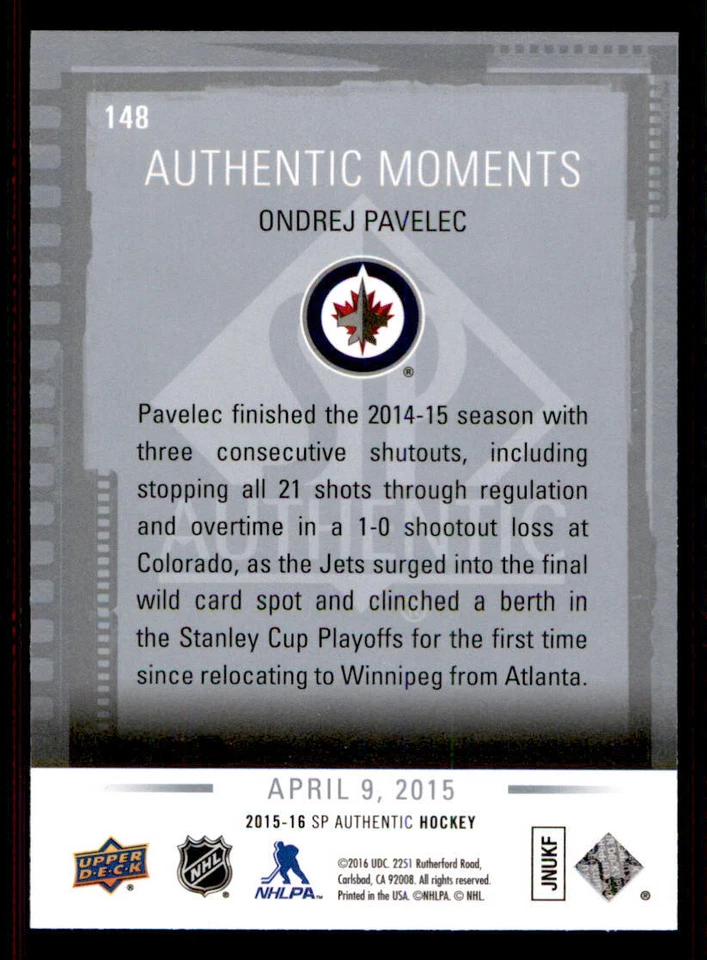 2015-16 SP Authentic #148 Ondrej Pavelec AM - Image 2 of 2