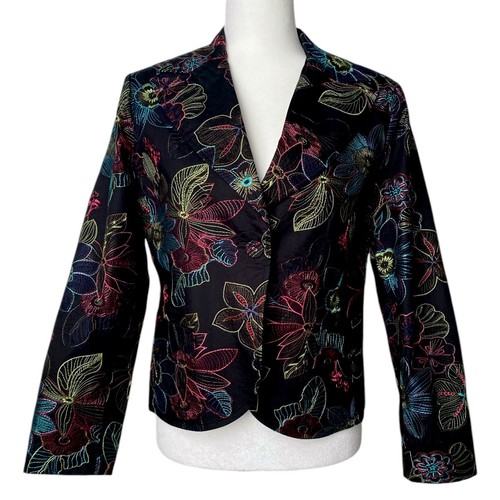 Dressbarn Black Blazer Colorful Floral Embroidered Lightweight Jacket Size 10