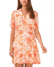 Vince Camuto Womens Small Floral Printed Spread-Collar Wrap Dress in Orange $129