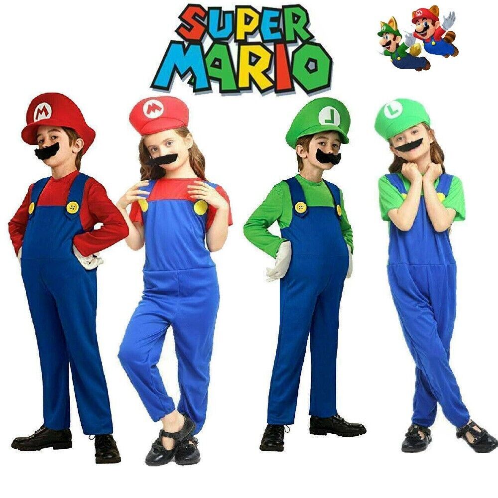 Super Mario Bros Luigi Cosplay Costume Kids Boys Girls Fancy Dress Outfit Sets~