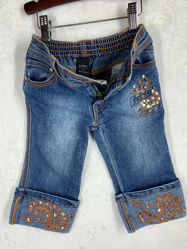 Pantalones de mezclilla azules bordados con cuentas florales FUBU para niñas pequeñas talla 18 bolsillos M  Foto 3 de 4