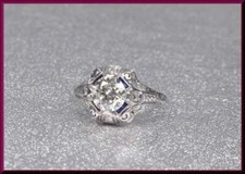 Edwardian Filigree Art Deco Old European Cut CZ  Blue Sapphire Gorgeous Ring