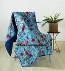 Indian Hand Bird Print Kantha Quilted Sofa Blanket Cotton Coverlet Bedding Throw