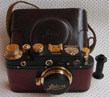 Leica III Panzerkampf copy black-gold wood veneer in leather case Zorki copy 