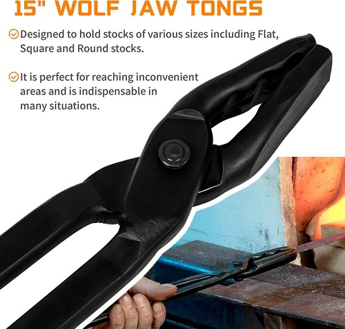15" Blacksmith Wolf Jaw Tongs + 0000811-1000 Hammer Bladesmith Anvil Forge Set - Picture 10 of 13