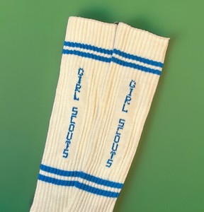 VTG Socks Girl Scouts Crew Over Calf 9-11 Acrylic Striped 80s Blue USA Made