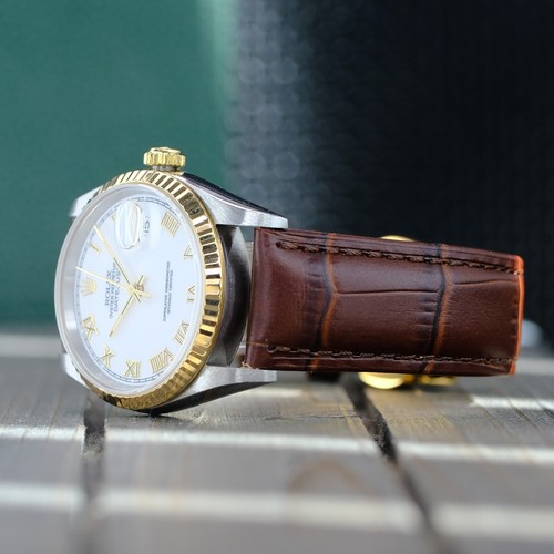 ROLEX HERREN DATEJUST 16233 GOLD STAHL WEISS RÖMISCHES ZIFFERBLATT LEDER BAND UHR KEIN LOCH - Bild 3 von 17