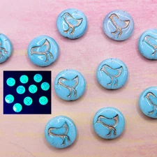 Bird Uranium Glass Coin Beads Czech 12mm Blue Gold Wash Czech 10pcs