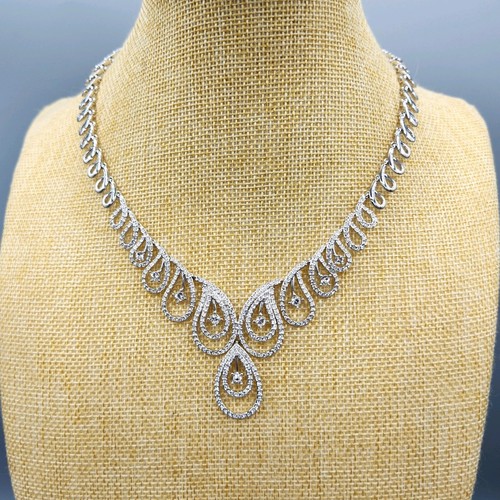 Rhodium Plate Crystal Open Paisley Link Lavalier Bib Necklace 18" - Picture 3 of 13