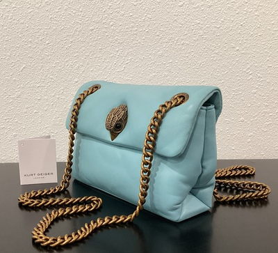 #ad Kurt Geiger Mini Kew 7.75quot; x 5quot; x 2.5quot; Soft Leather Mid Blue Antique Brass New $119.99