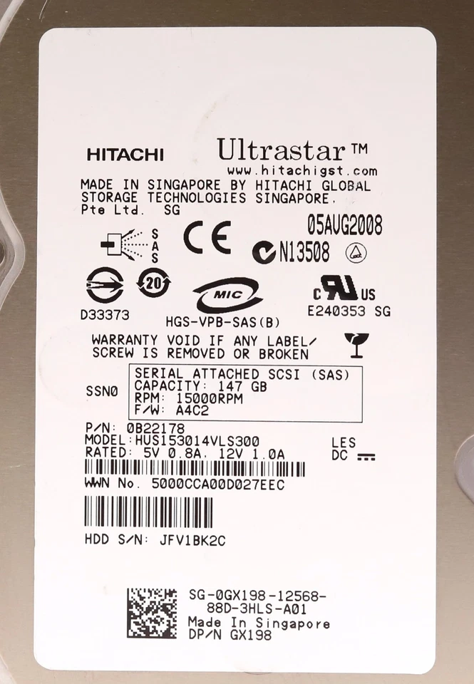 Dell HUS153014VLS300 147GB 3.5" 3Gb/s 15K RPM SAS HDD P/N: GX198 Tested Working - Image 2 of 2