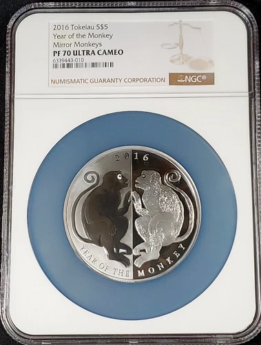 2016 Tokelau $5 Dollar 1 OZ Silver Year Monkey Mirror Monkeys NGC PF70 UC