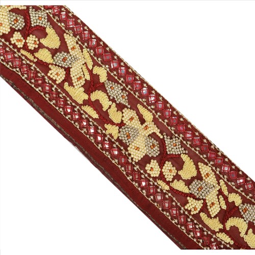 Sanskriti Vintage Border Antique Hand Beaded 1Yd Indian Trim Sewing Maroon Lace - Picture 3 of 8