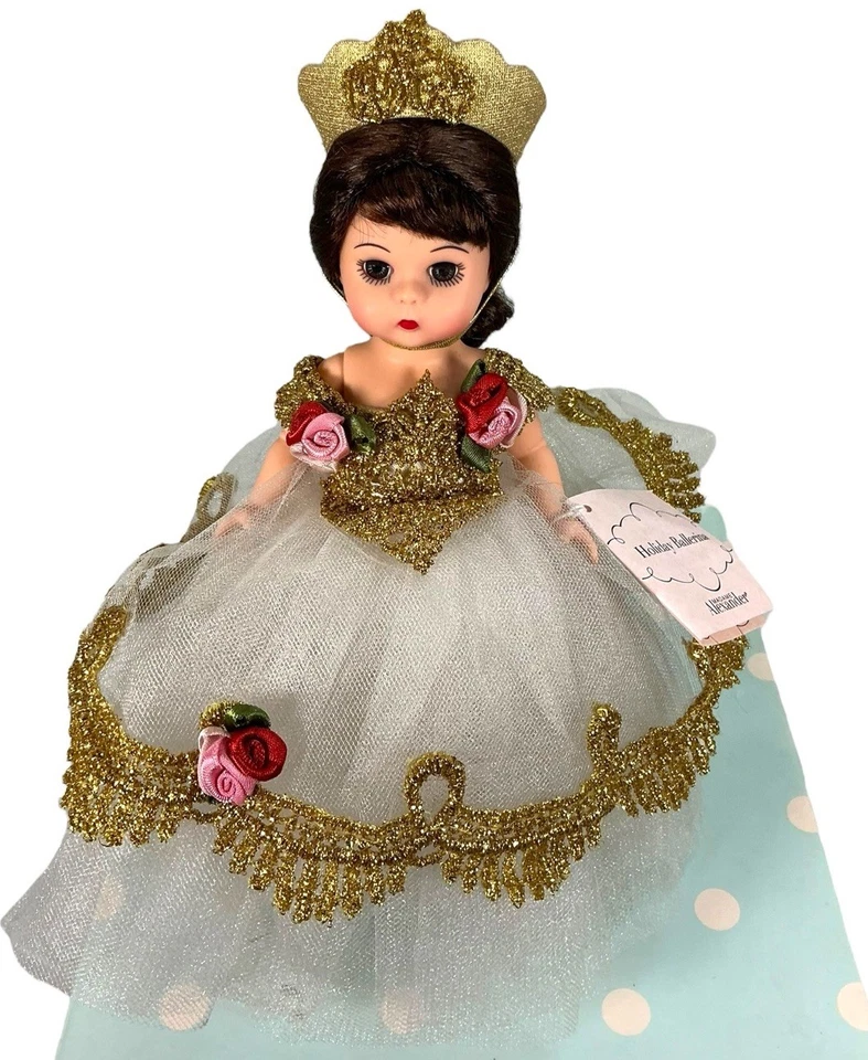 Vtg 2001 Madame Alexander Holiday Ballerina # 28525 Blanco con vestido dorado EUC Foto 2 de 4
