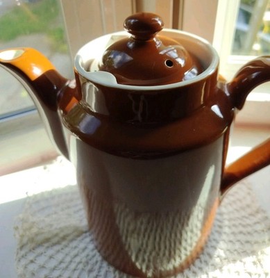 Vtg 9'' Tall Large Brown Hall Pottery Ceramic Ironstone Tea Coffee Pot Made USA 
