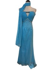 Strapless Beaded Blue Gown Prom Dress Sz 4 Formal Scarf Train As Is
