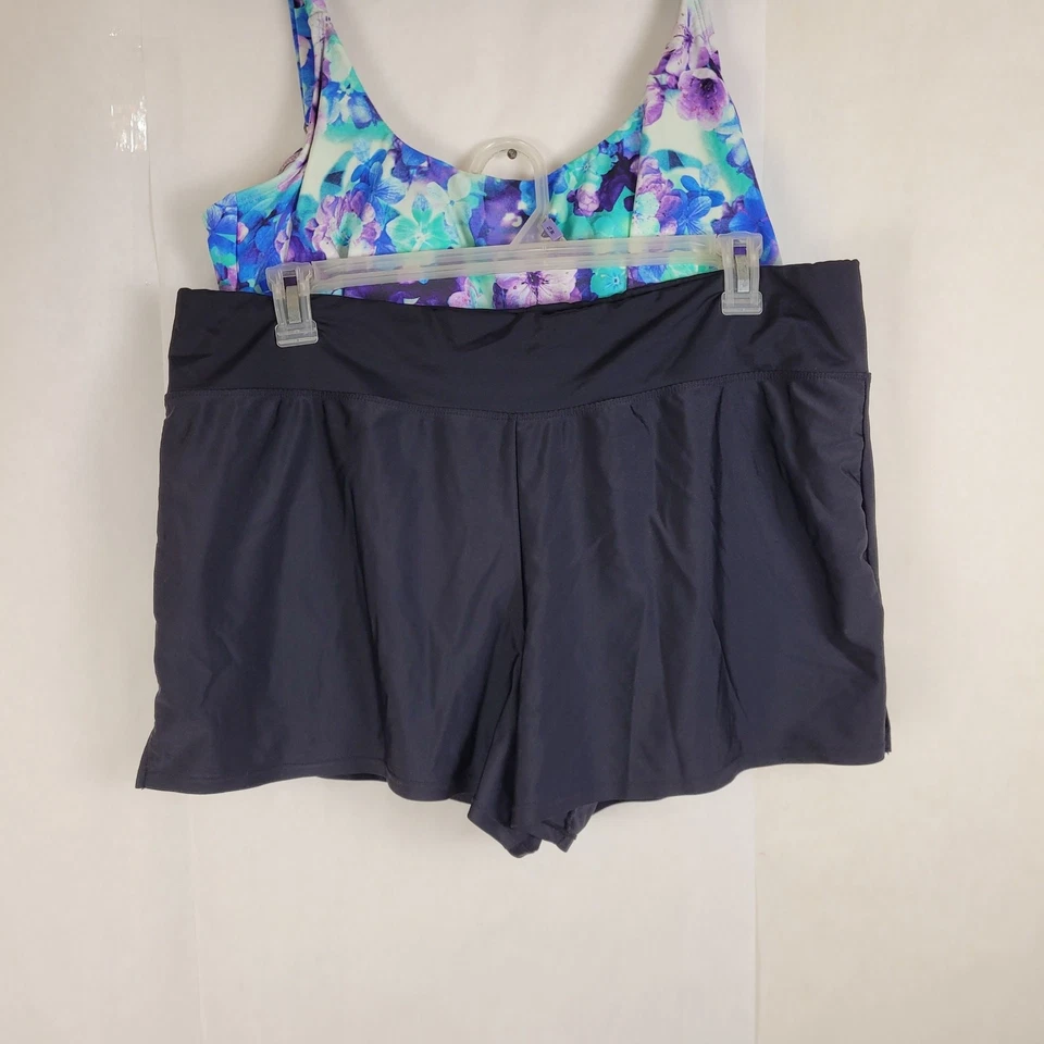 Azul Mujer Azul Floral Bañador Top y Negro Bañador Talla 22W Foto 2 de 4